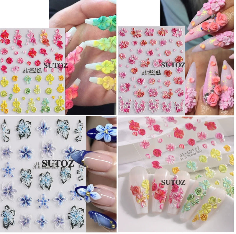3D Gradient Flower Embossed Lily Hibiscus Floral Nail Art Stickers Decor NH29 Lily