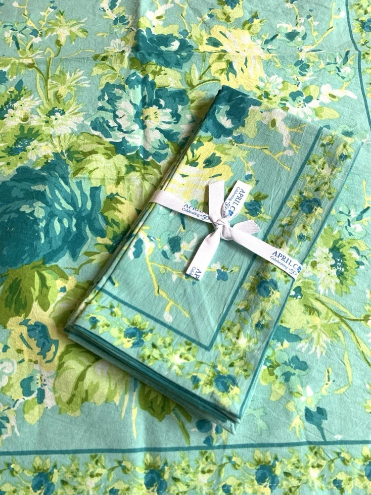 New W Tag April Cornell Cloth Set/4 Dinner Napkins ~ CottageRose Turquoise 20x20 Roses
