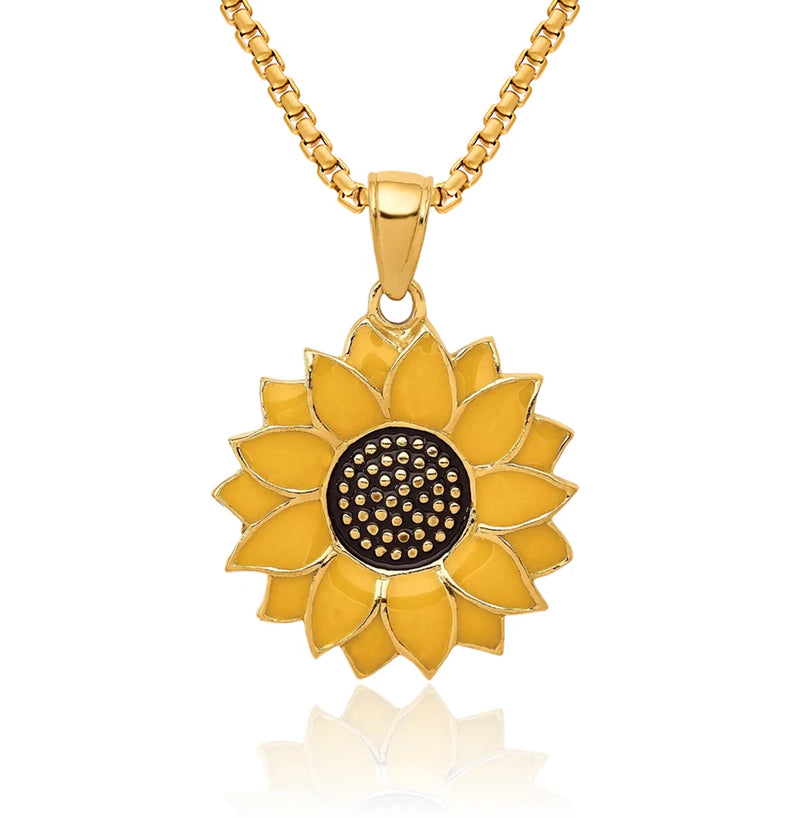 10k yellow gold sunflower necklace with yellow petal pendant and black dot center