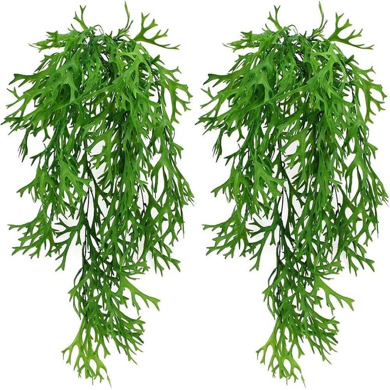 Set of 2 artificial hanging staghorn-style fern plants with long green fronds