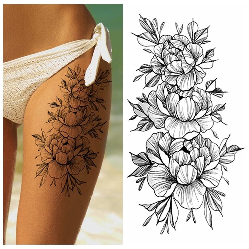Temporary floral peony sketch tattoo with leaves and fine line artwork on upper leg
