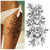 Black Peony Flower Leaf Sketch Temporary Tattoo Hand Drawn Floral Leg Arm Peony