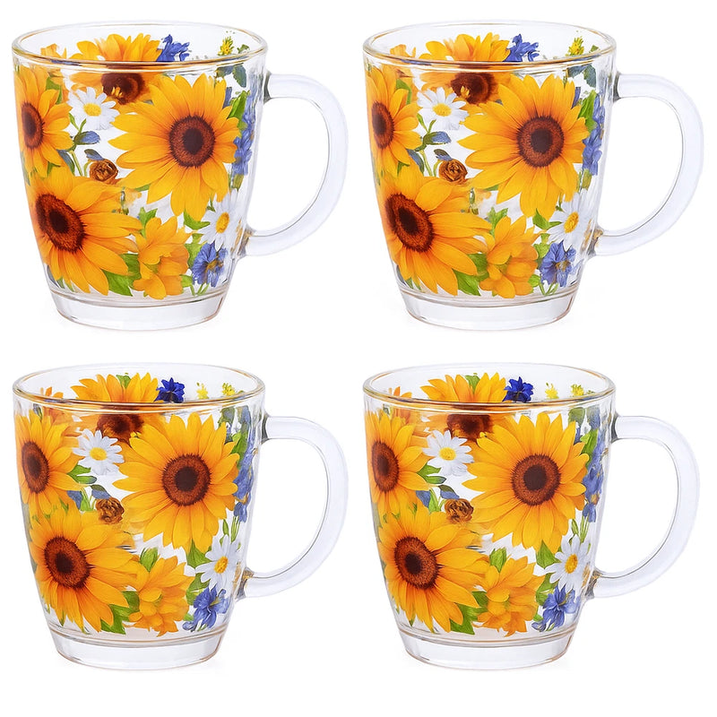 4-pc SUNFLOWER Glass Mug Set for Tea Coffee Cup Teacup 12 oz Mugs Sunflower