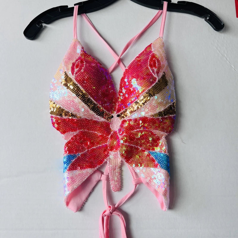 Y2K Sequin Butterfly Backless Tie Top Pink Size Small Festival Rave Fairy Club Roses