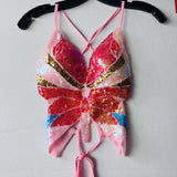 Y2K Sequin Butterfly Backless Tie Top Pink Size Small Festival Rave Fairy Club Roses