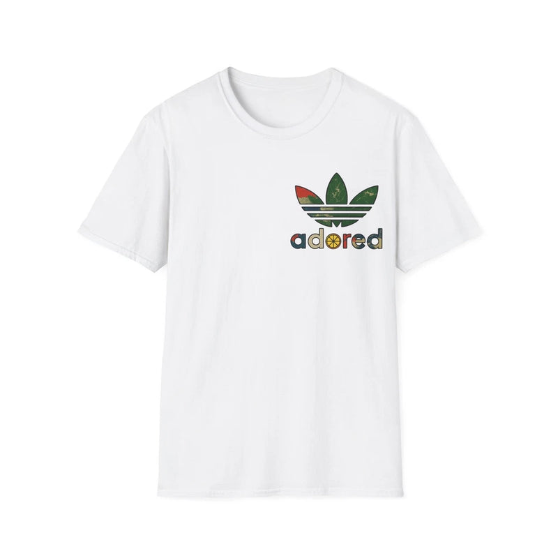 White T-shirt with 'adored' rose-and-leaf graphic on chest