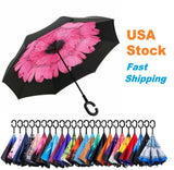 C-Handle Inverted Reverse Umbrella, Flower print (Inside-out, Upside-down) Sunflower