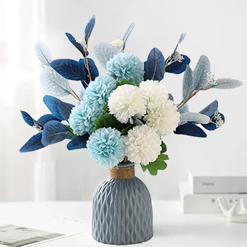 Blue Artificial Flower Bouquet in Ceramic Vase, White and Blue Ball Chrysanthemu Hydrangea
