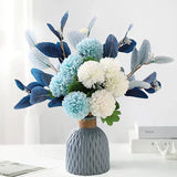Blue Artificial Flower Bouquet in Ceramic Vase, White and Blue Ball Chrysanthemu Hydrangea