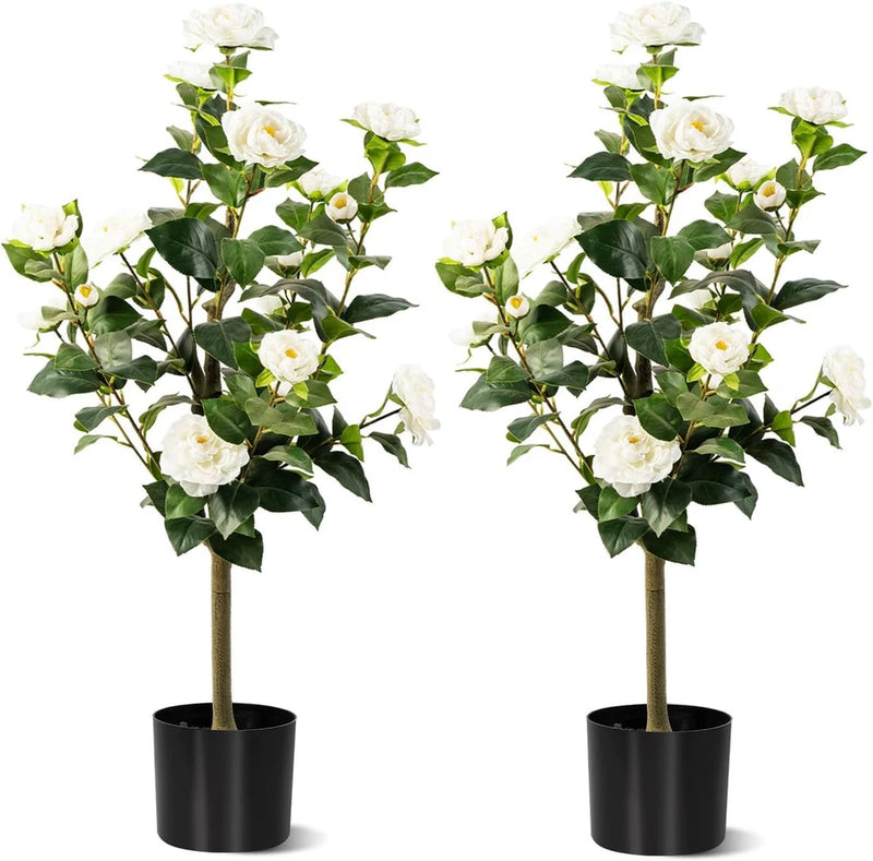 White 3FT Artificial Camellia Tree 2 Pack in Cement Pot for Home Decor Green Plant