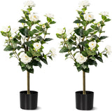 White 3FT Artificial Camellia Tree 2 Pack in Cement Pot for Home Decor Green Plant