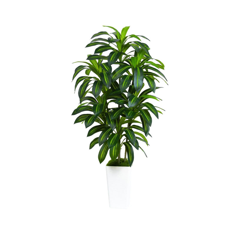 Tall artificial dracaena-style floor plant with green leaves in white pot