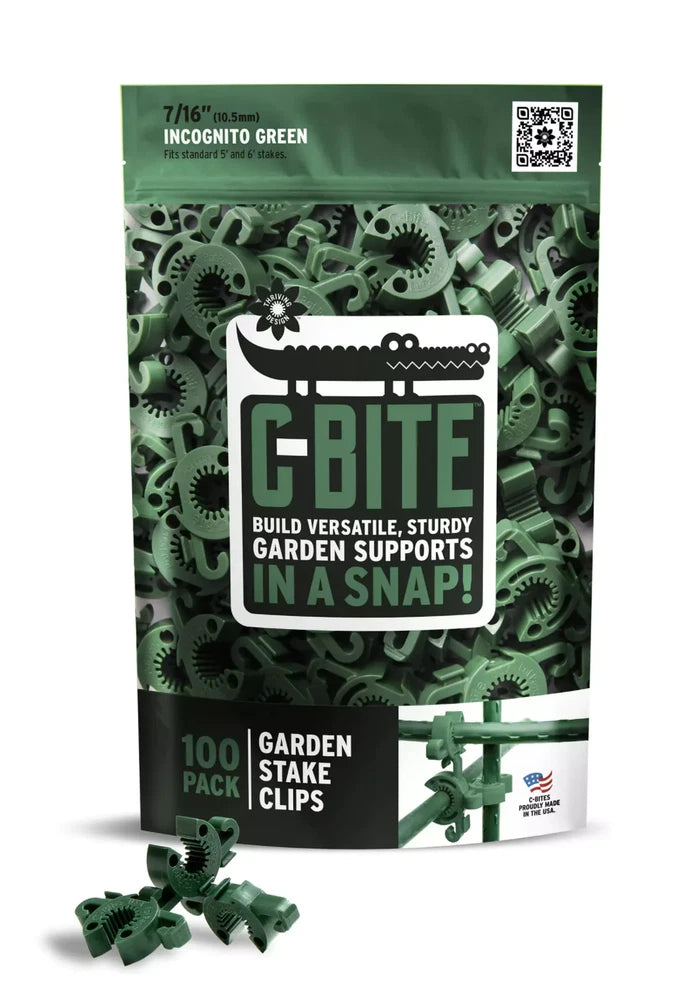 Green garden stake plant clip connector pack with reusable plastic clips and packaging