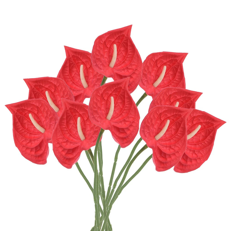 Artificial anthurium lily bouquet with 10 red flowers and green stems