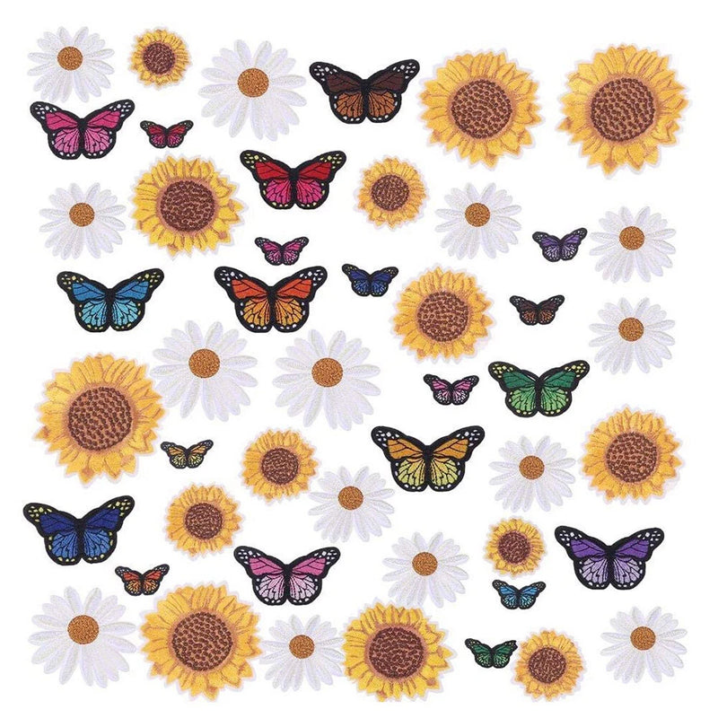 48 Pcs Sunflower Embroidery Patches Daisy Butterfly Iron and Sew On Applique Set Sunflower