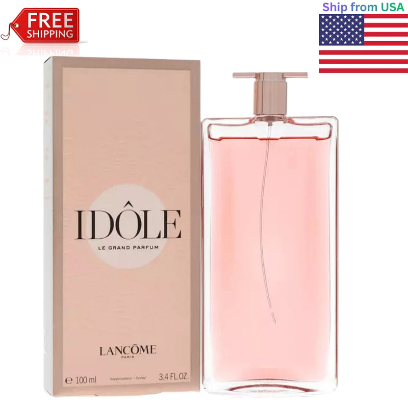 Idole Le Grand by Lancome spray perfume set: pink glass bottle with sprayer and beige box