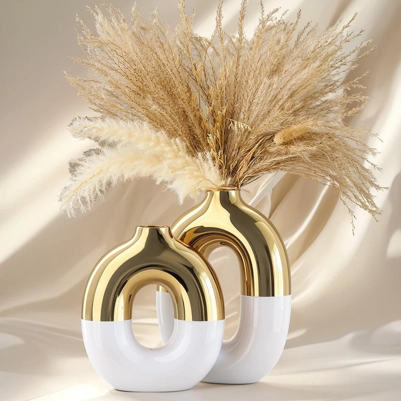 White and Gold Ceramic Vase Set Home Decor Round Donut for Pampas Grass Shelf Pampas Grass