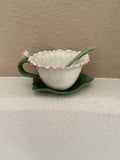 Cosmos Blooming Carnation Flower Teacup Leaf Saucer And Spoon Carnation