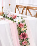 Flower Garland Decorations, 6.07Ft Pink Floral Rose Garland, Artificial Eucalypt Green Plant