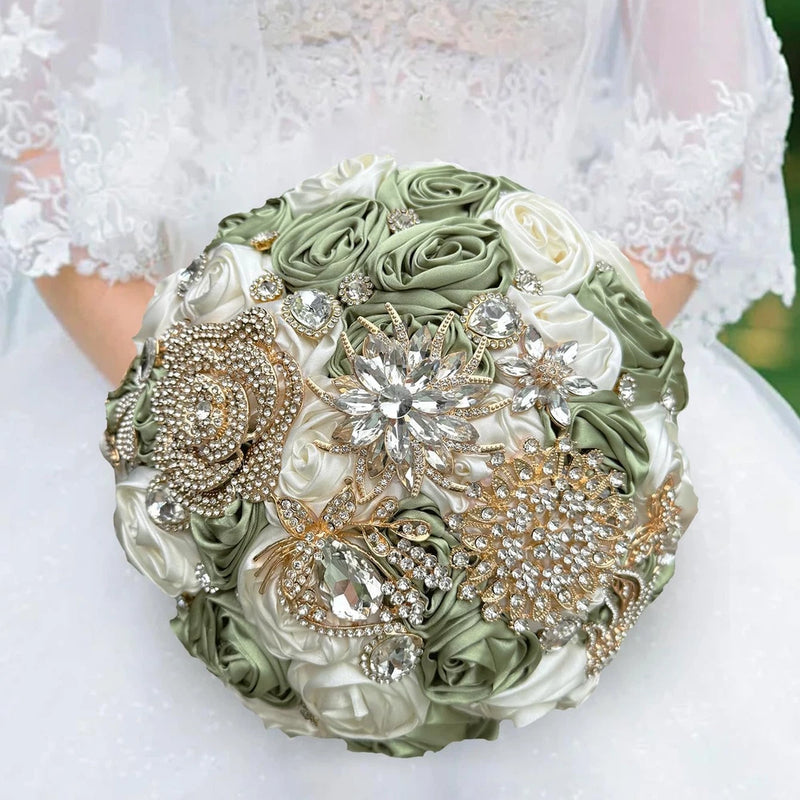 Elegant Sage Green & Ivory Satin Rose Bridal Bouquet with Crystal Brooches Bouquet