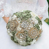 Elegant Sage Green & Ivory Satin Rose Bridal Bouquet with Crystal Brooches Bouquet