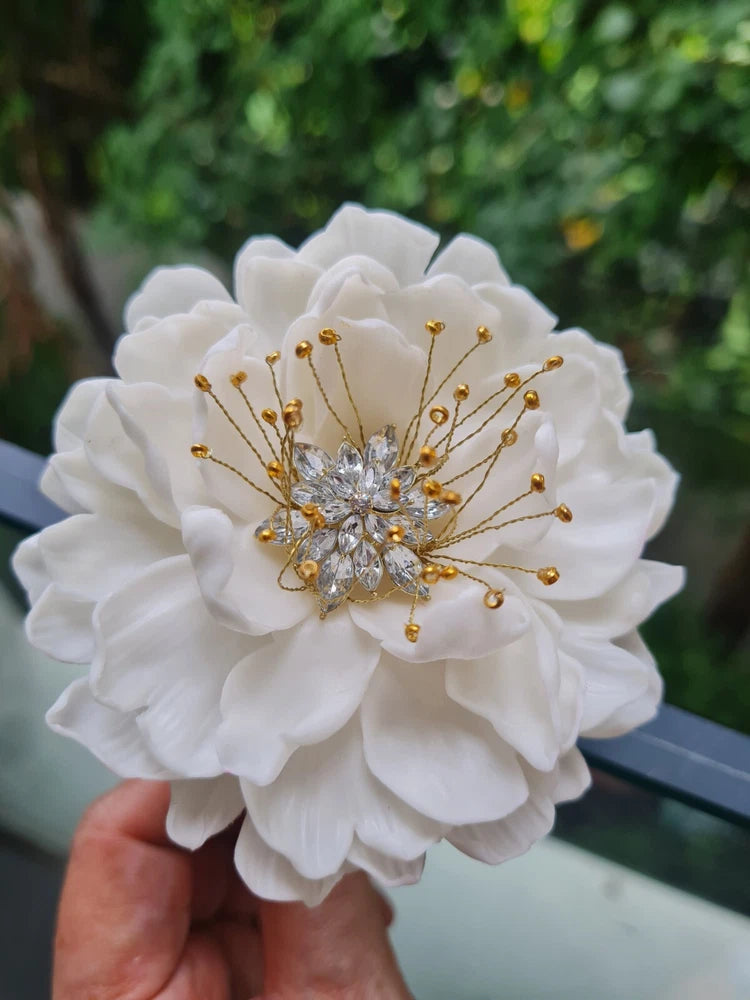 Handmade white peony hair flower with jeweled center and gold bead stems