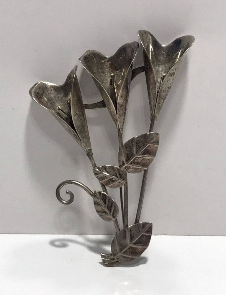 Vintage 925 Sterling Silver Large Calla Lily Flower Brooch Lily