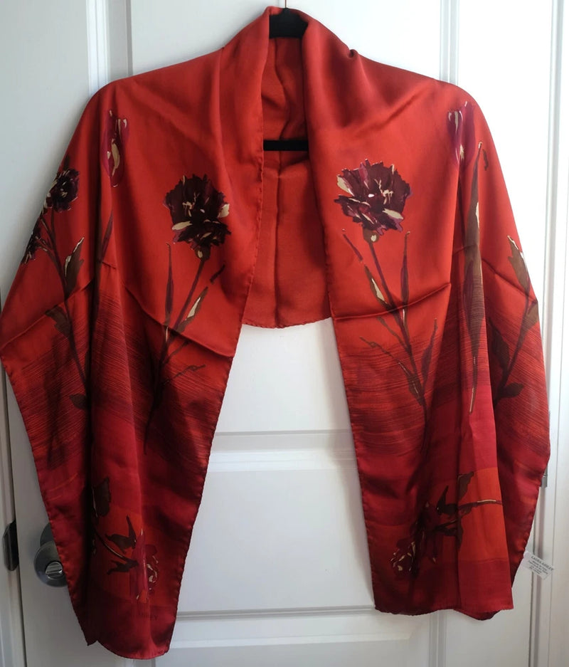 Laura Ashley 100% Silk Red Floral Satin Scarf Carnation Rose Tulip Fall 60x16 Carnation