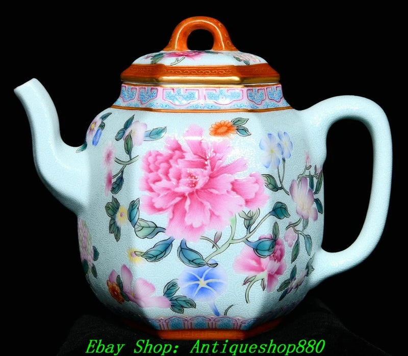 4.9''Qing Qianlong Enamel Colour Porcelain Peony Flower Wine Tea Pot Flagon Peony