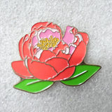 Red Peony Flower Pin Pink Purple Petals Green Leaves Enamel Brooch Peony