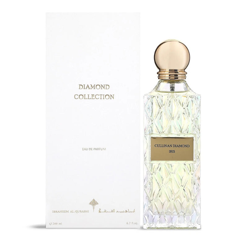 Ibraheem Al Qurashi Iris Eau de Parfum spray bottle, faceted clear glass with gold cap