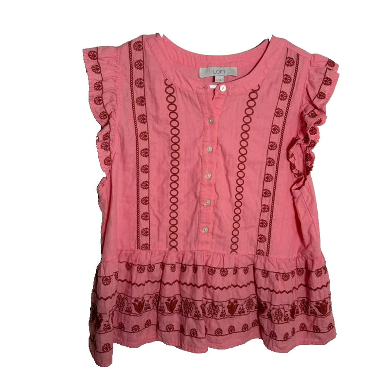 Women’s pink embroidered ruffle cap-sleeve button popover blouse