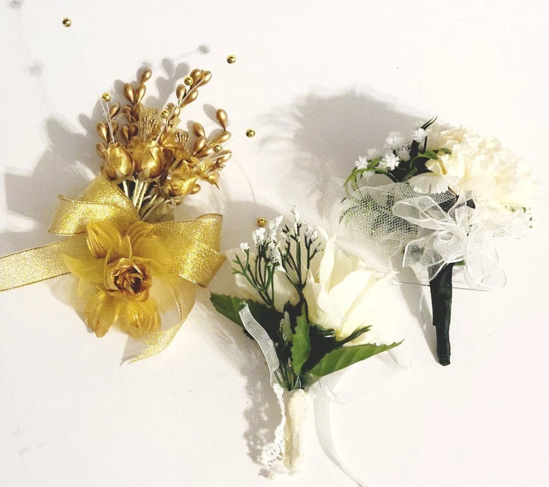 Set of 3 White or Gold Boutonniere For Wedding Prom, Artificial Flowers Carnation