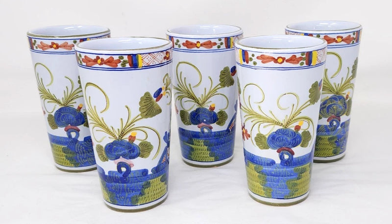 5 CACF Faenza Cottura Hand Painted Garofano/Blue Carnation Water Glass Tumblers Carnation