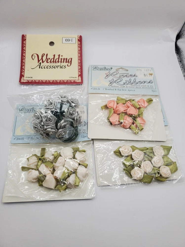 Assorted decorative rose and ribbon embellishment packs with leaves, antique rose tones