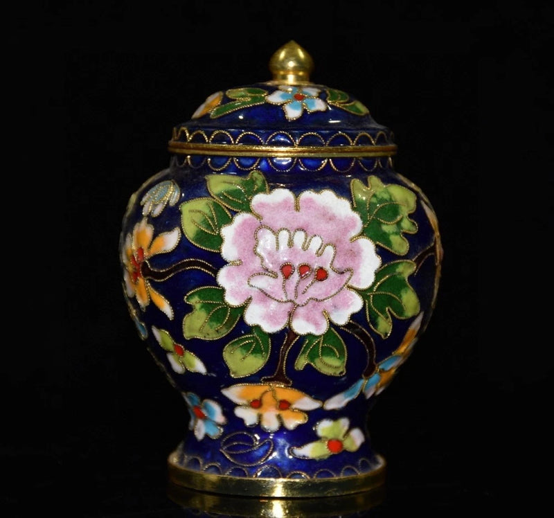 Handmade cloisonné jar with peony flower design in blue and gold