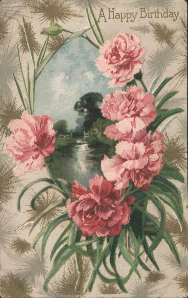 Vintage birthday greeting card with pink carnations and serene landscape scene