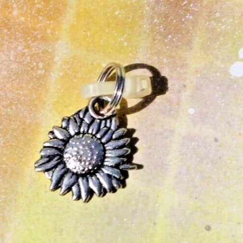 Silver-tone sunflower 3D charm with rhinestone center and small top loop