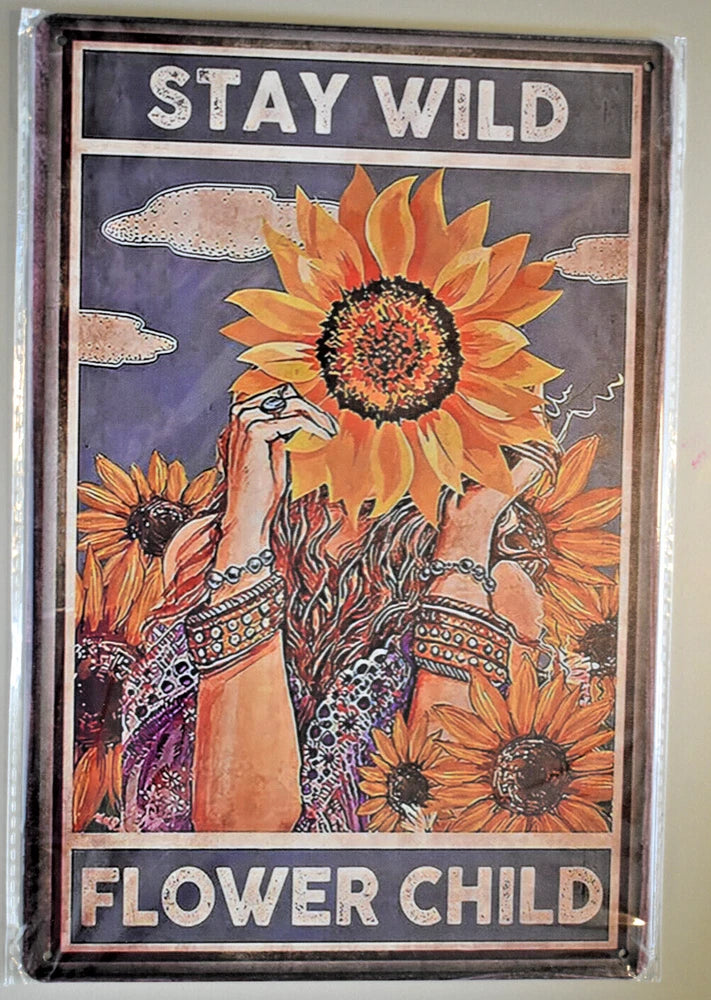 Boho flower child wall sign with “STAY WILD”, woman holding sunflowers, rectangular frame