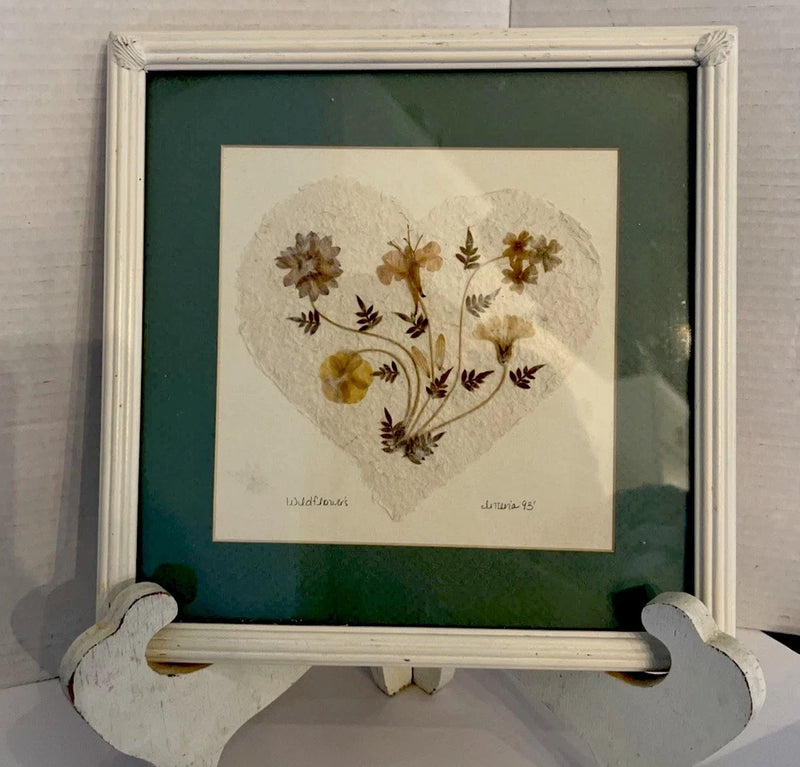 Vintage framed heart dried flower pressed-leaf art with botanical collage display