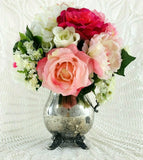 Mothers Day Floral Arrangement Shabby Chic Silver Plated Water Pitcher Pink Rose Hydrangea