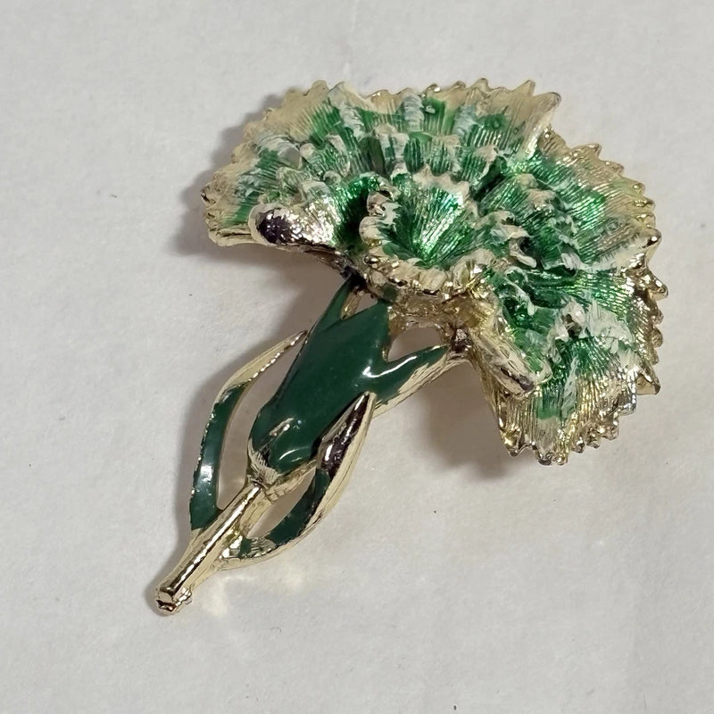 Vintage Signed Beatrix Green Enamel Flower Pin Carnation Gold Tone 2" Carnation