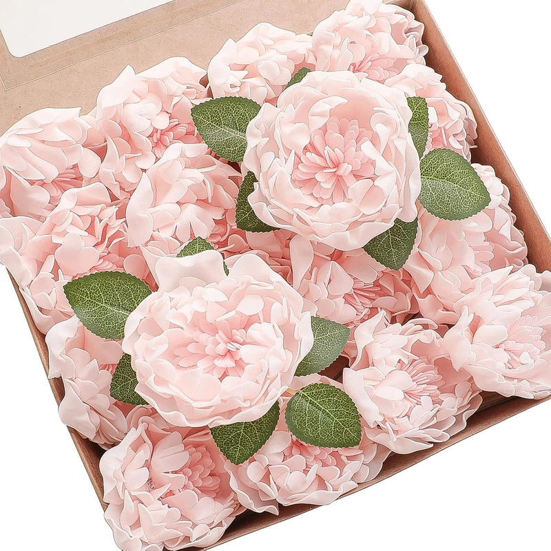 Blush foam peony flowers with green leaves, set of artificial blooms