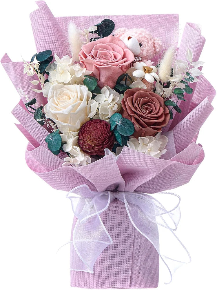 Purple preserved rose bouquet with plush bear and mixed blooms in gift wrap
