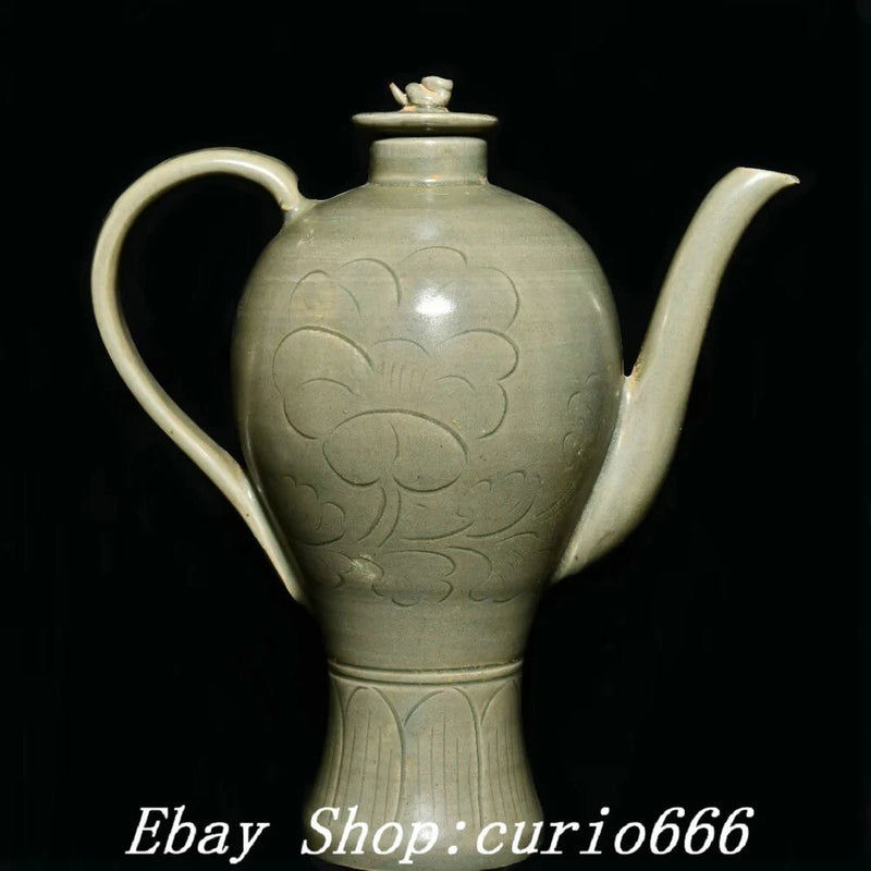 9'' Old Song Dynasty Yue Kiln Porcelain Peony Flower Pattern Wine Kettle Tea Pot Peony