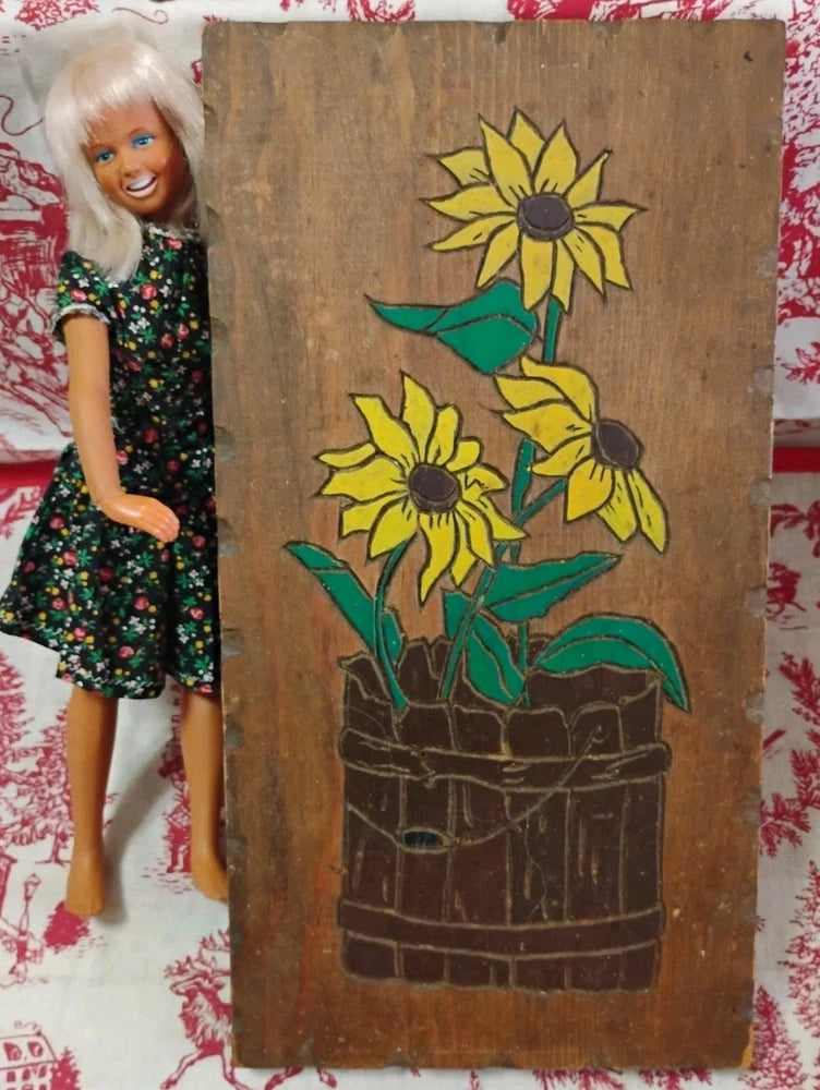 Vintage Carved Painted 3 Sunflowers Bucket Wall Art Primitive Farmhouse Rustic Sunflower