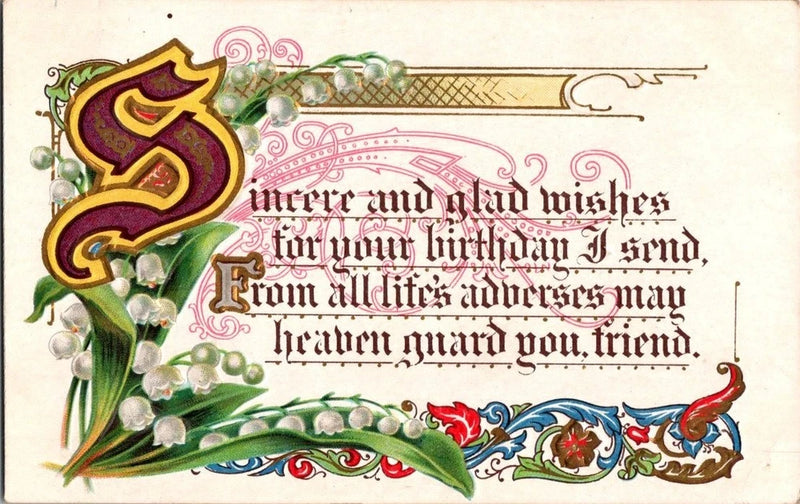 Embossed Birthday Postcard Lily of the Valley Ornate S Illuminated Letter Floral Lily