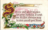 Embossed Birthday Postcard Lily of the Valley Ornate S Illuminated Letter Floral Lily