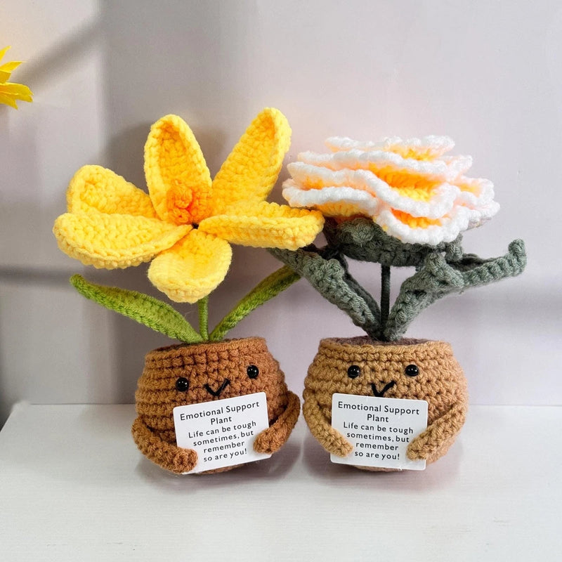 Handmade crochet flower plants in fabric pots, yellow and white blossoms with gift tags