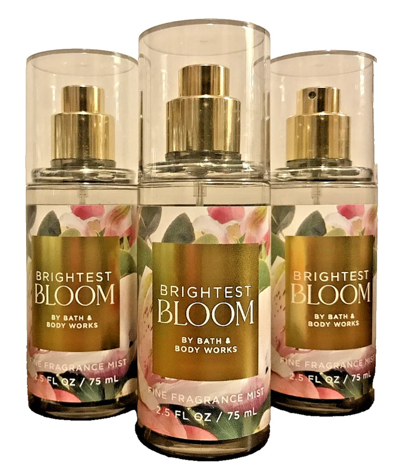 Three-pack fragrance mist spray set with floral labels, gold caps, travel mini bottles